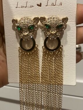 Gold-tone Leopard Head Chain Drop Earrings with Green Eyes